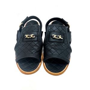 CHANEL BLACK LEATHER QUILTED SANDALS 36.5